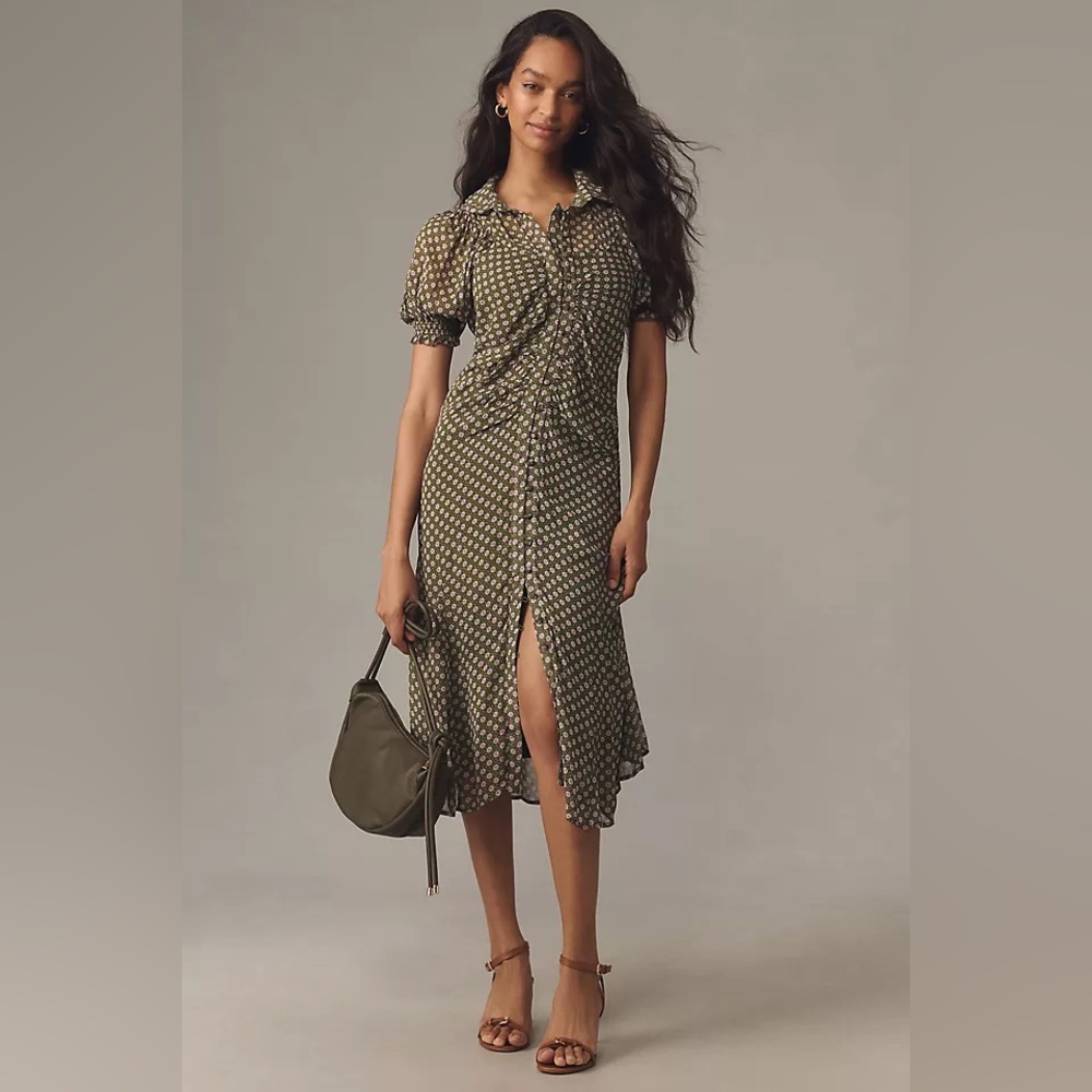 Anthropologie By Anthropologie Puff-Sleeve Ruched Mesh Midi Shirt Dress